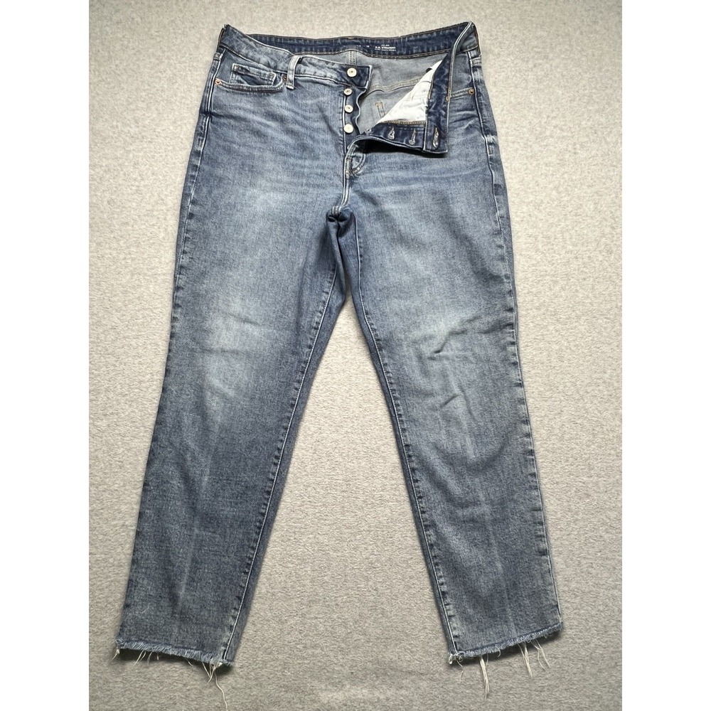Old Navy OG Straight Jeans Womens 14 Button Fly Blue High Rise Raw Hem Ankle
